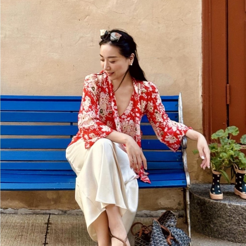 Rixo London Floral Red Silk Women's Top